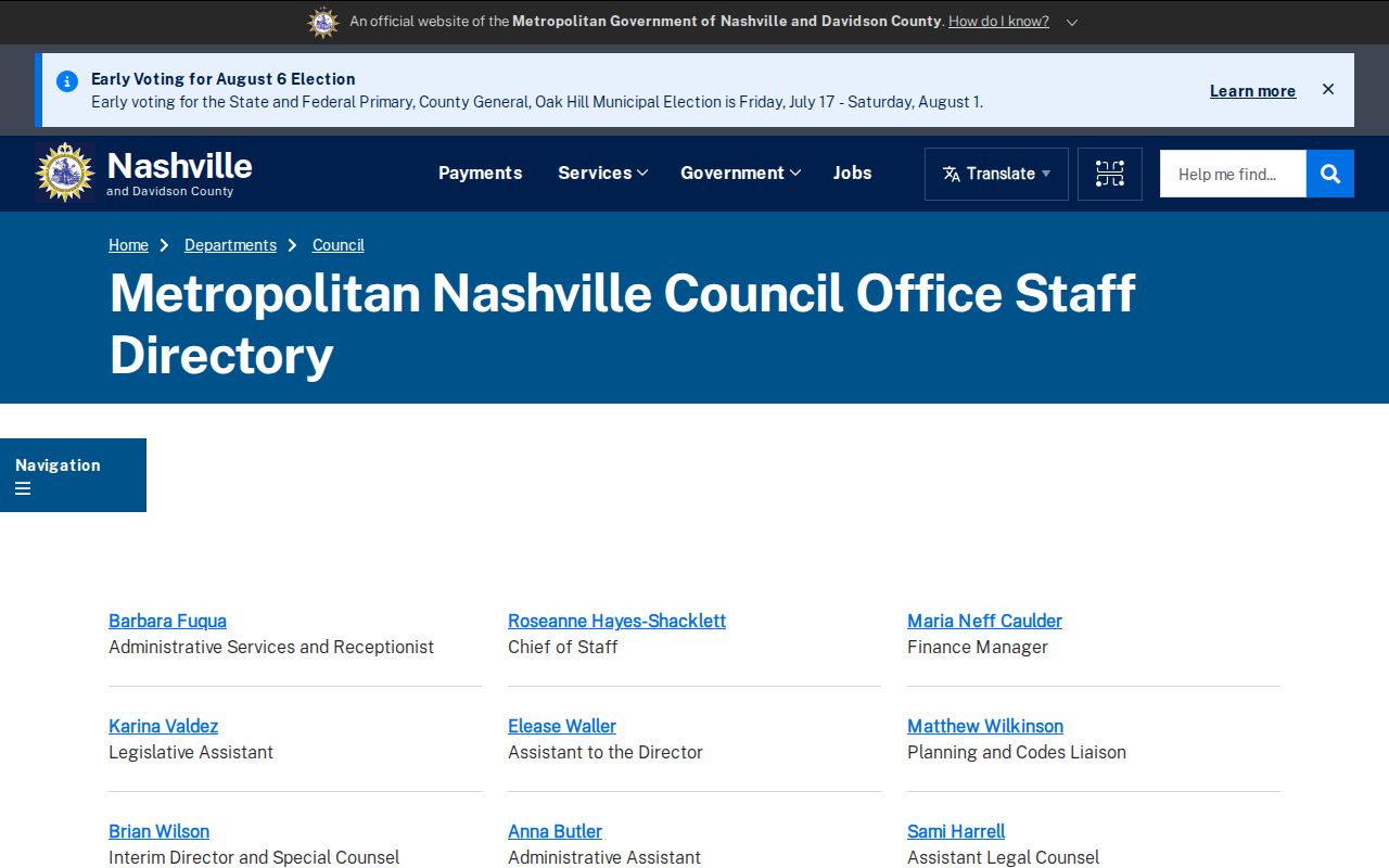 Davidson County people directories Metro Council staff roster