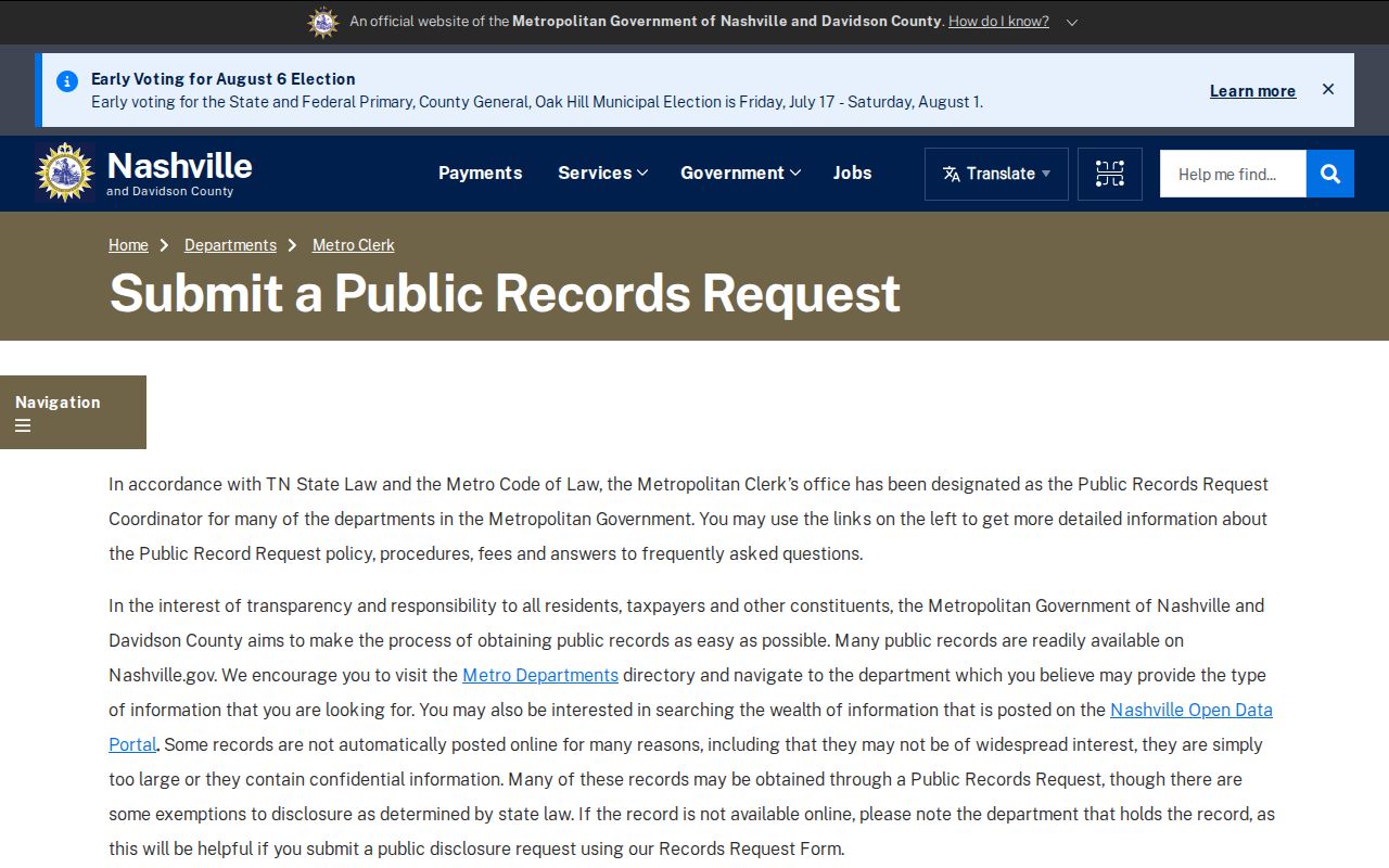 Davidson County public records request page for Metro Nashville