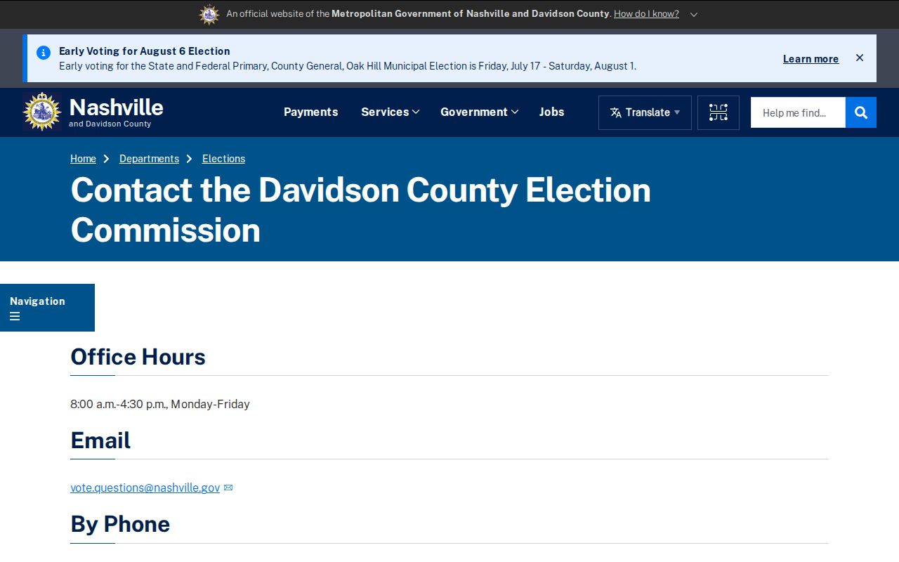 Davidson County voter registration Election Commission contact page